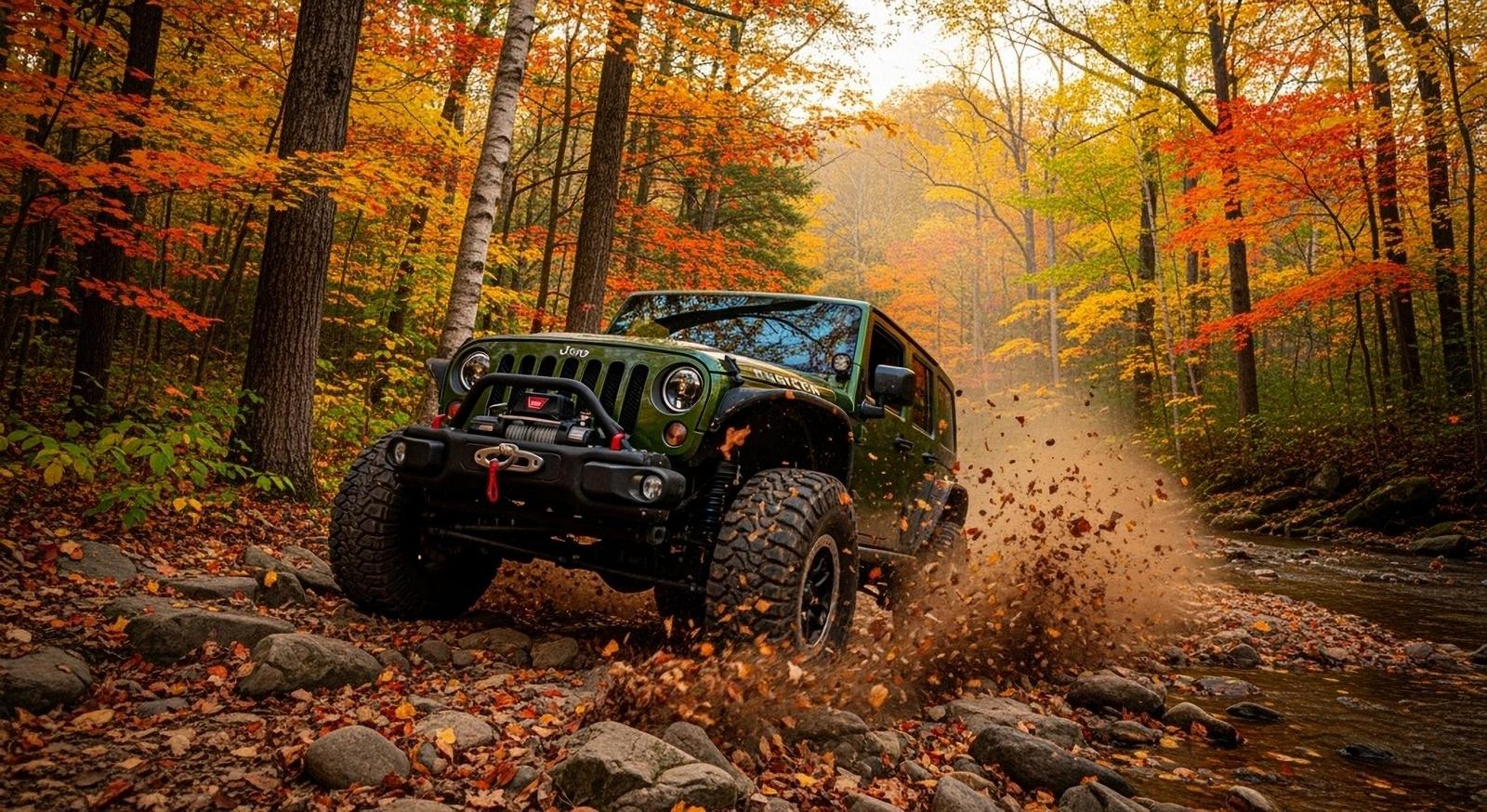 A lifted Jeep Wrangler on an autumn forest trail
